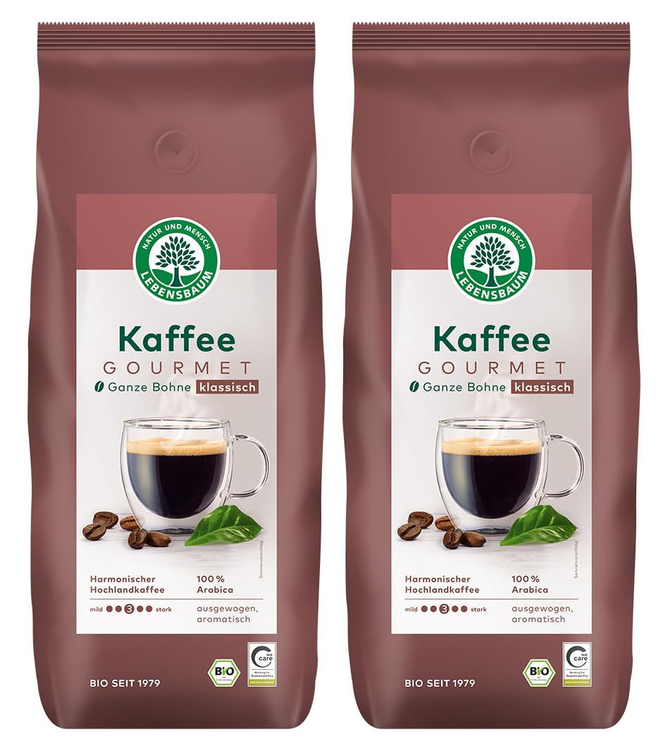 LEBENSBAUM 2x Kaffee Gourmet Klassisch, ganze Bohne, Bio Kaffee aus Arabica-Bohnen, Intensität 3/5, ausgewogener, aromatischer Genuss, 2 x 1 kg…