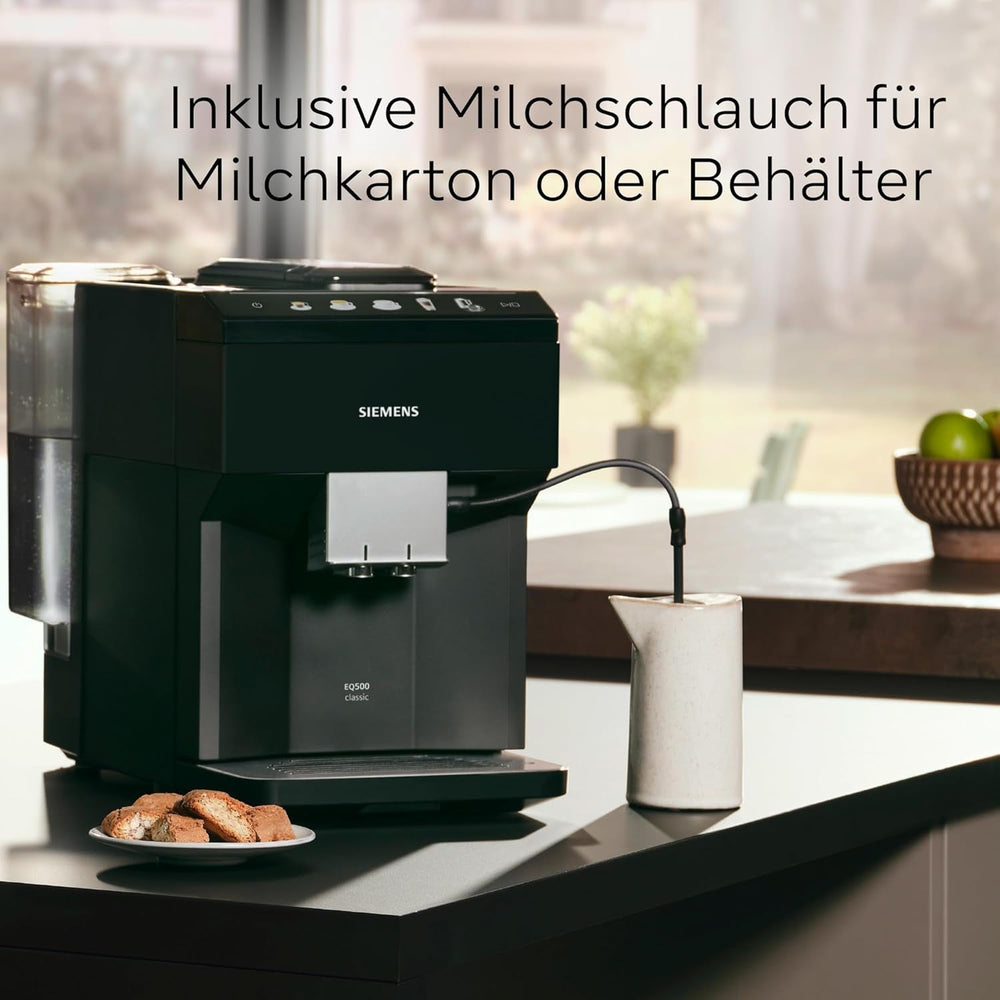 Espressor automat Siemens EQ500 classic, ecran TFT color, 5 tipuri de cafea și lapte, funcție dublă de preparare a ceștilor, curățare ușoară, unitate de preparare detașabilă, cu furtun de lapte, negru, TP511E19