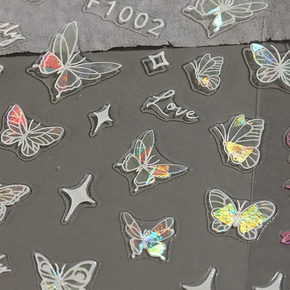 4 Blätter Holographisch Laser Weiß Schmetterling Nagelsticker,Y2K Aurora Schmetterlinge Stern Nail Sticker 3D Flamme Herz Nageldesign Nagelsticker Selbstklebend Nagel Sticker Nagel Zubehör Nail Art