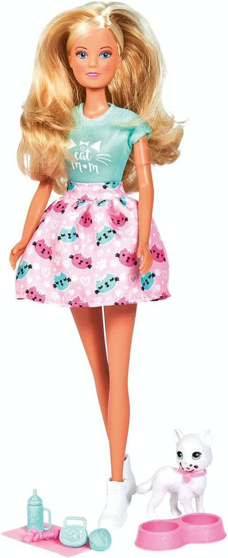 Simba 105733489 - Steffi Love Kitty Love, Puppe i et modificeret outfit med süsser Katze med Essen um Mund, med viel Zubehör