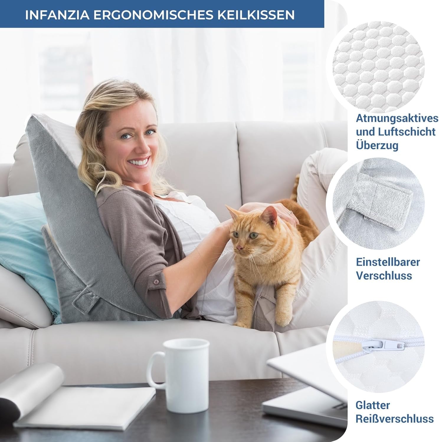 Pernă cu pană reglabilă, pernă de citit din spumă de înaltă densitate cu rolă de gât pentru pat și canapea, pană ergonomică pentru pat pentru apnee de reflux în somn, pernă pentru picioare, pernă pentru spate pentru citit, jucat sau vizionat la televizor