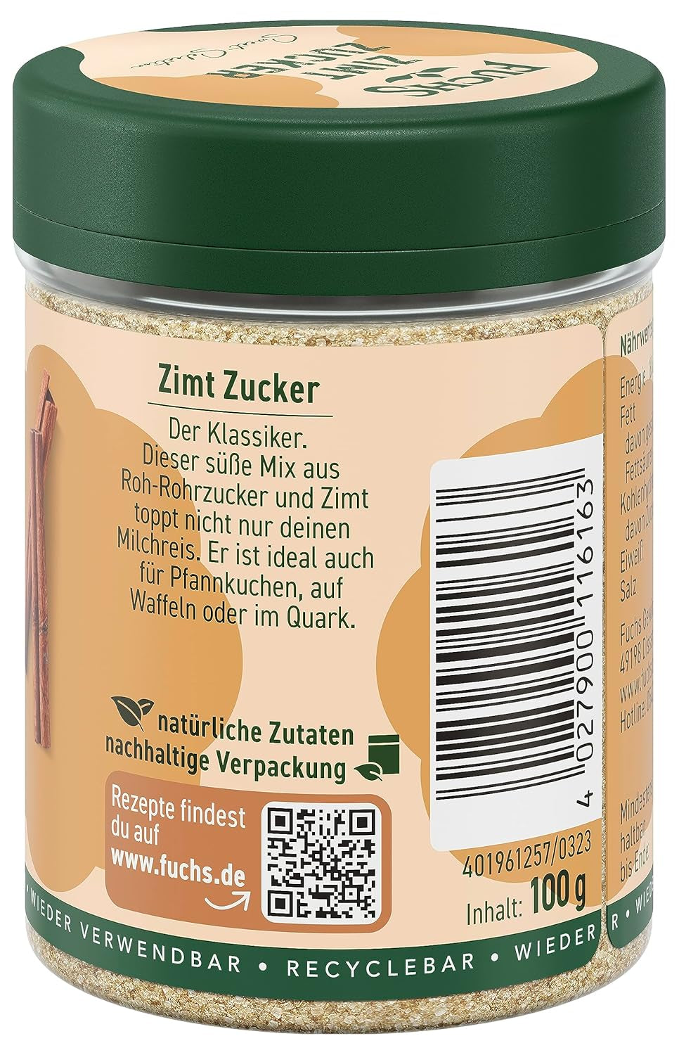Fuchs Gewürze - Zimt Zucker - Klassisches Gewürz für Milchreis, Pfannkuchen oder Wafeln - aus natürliche Ingrediens - 100 g i wiederverwendbarer, genbrugsbarer Dosis