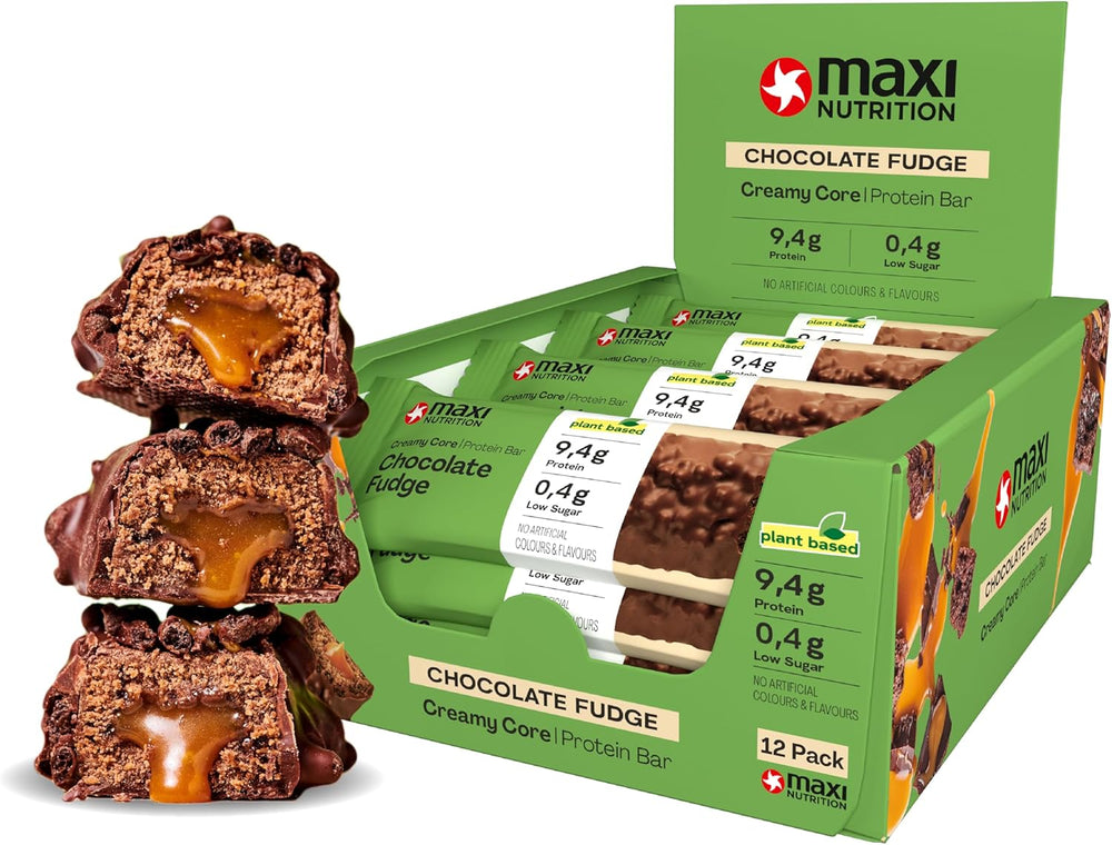 MaxiNutrition Cremet vegansk proteinbar med chokolade, peanuts og karamel 12x45g - vegansk proteinbar, 18% protein, 8,3g pr. bar, lavt sukkerindhold (0,9g), uden tilsat sukker, ingen kunstige smagsstoffer