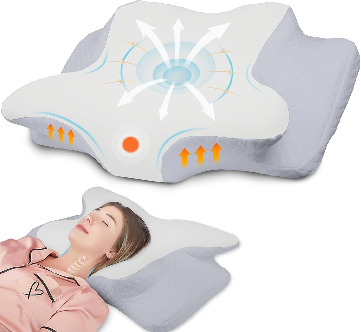 NVKHG Memory Foam Pillow Ergonomic Neck Pillow Head Pillow, Memory Foam Pillow Head Pillow For Side, Back & Stomach Sleeper To Improve Sleep Quality, 60X41X13/11Cm Perne ortopedice cervicale Naty Shop Gri alb