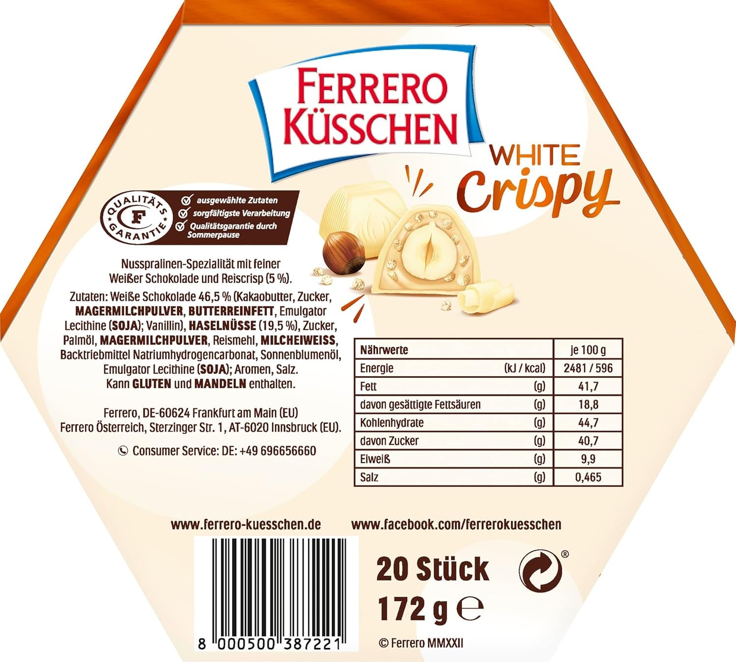 Ferrero Küsschen White Crispy - Valentinsdagsgave til ham og hende - Sprøde ristede hasselnødder i let creme med sprøde chips, dækket af hvid chokolade, 1 pakke med 20 individuelle praliner