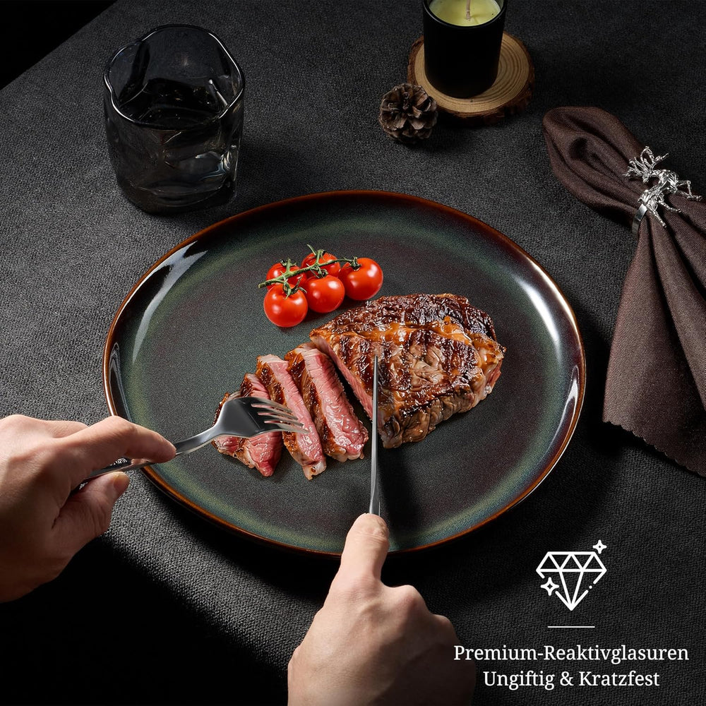 Set de veselă pentru 6 persoane, set de servire din gresie, format din 18 piese, boluri rotunde neregulate pentru cereale, farfurii de desert, farfurii de cină, rezistent la zgârieturi și potrivit pentru cuptorul cu microunde, verde mușchi reactiv