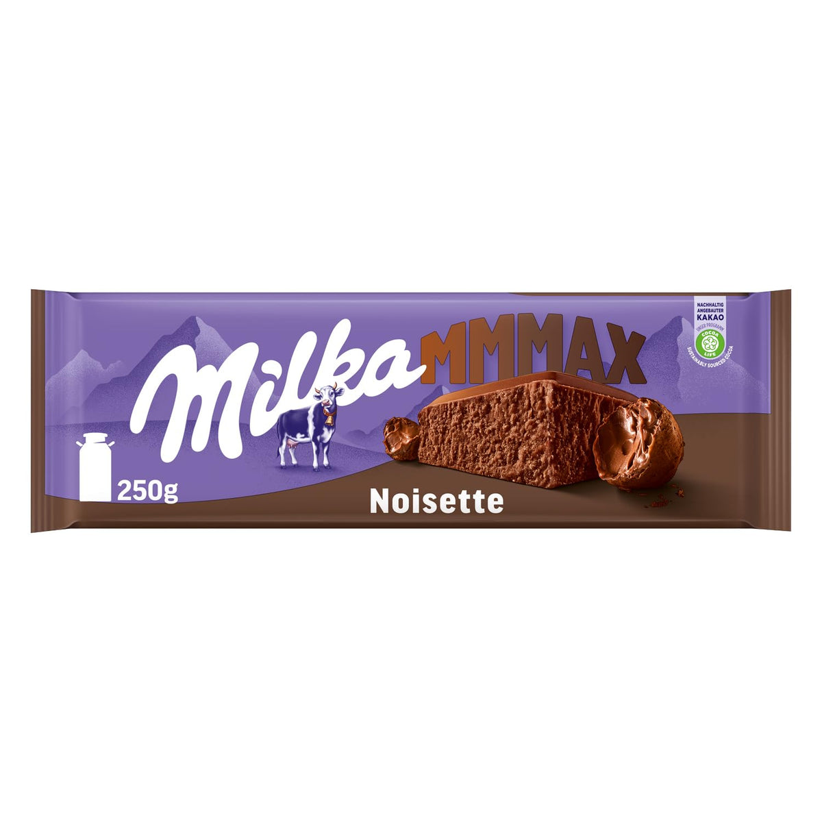 Milka MMMAX Noisette – Alpine mælkechokolade med et delikat og cremet hasselnøddefyld – 250g