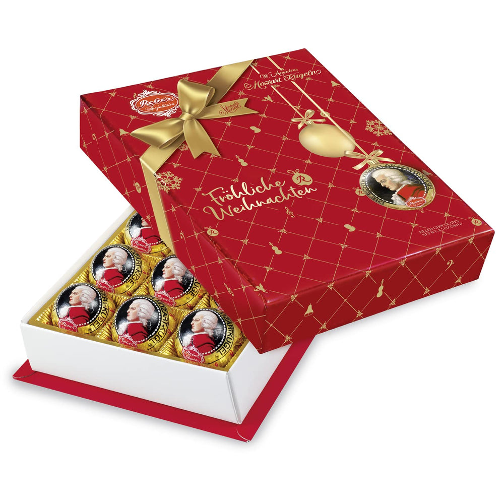 Reber Authentic Mozart Balls Christmas Edition Dark Chokolade Praliner Marcipan Nougat Ideel julegavepakke med 12 stk.