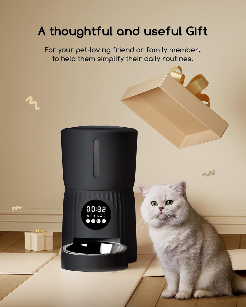 Faroro Futterautomat Katze, 4L Katzenfutter Automat, Futterspender Katze Mit 1–6 Mahlzeiten Per Tag, Portionskontrol, 10s Sprache, Langsames Füttern (Schwarz)