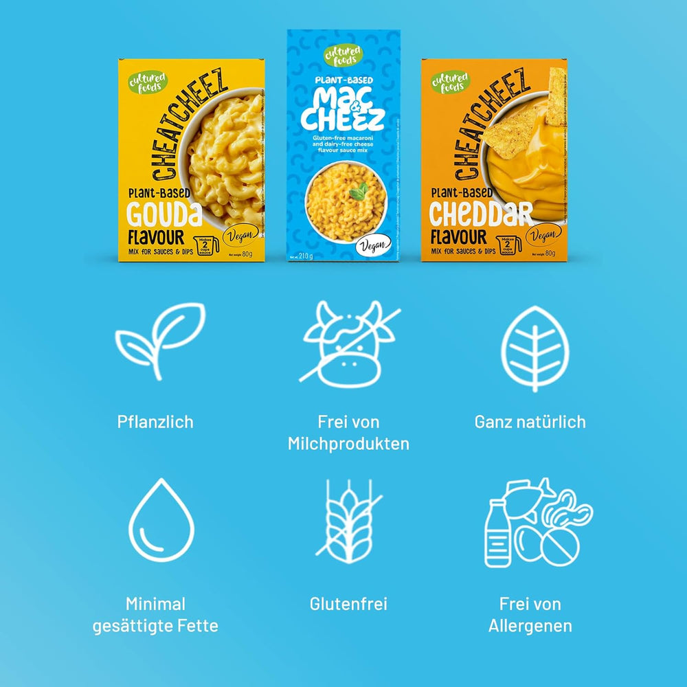 Cultured Foods Vegansk 3-er sæt Vegan Mac And Cheese, Gouda Sauce, Cheddar Sauce, Laktosefrei Glutenfrei MAC & CHEEZ CHEATCHEEZ