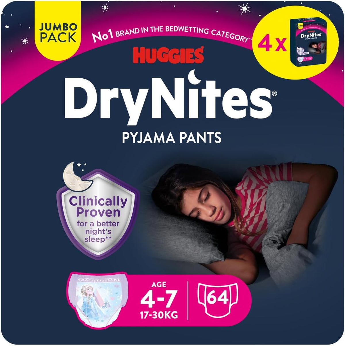 Huggies DryNites superabsorberende nattebleer til piger 4-7 år, 4 x 16 trussebleer (64 antal), månedlig pakke