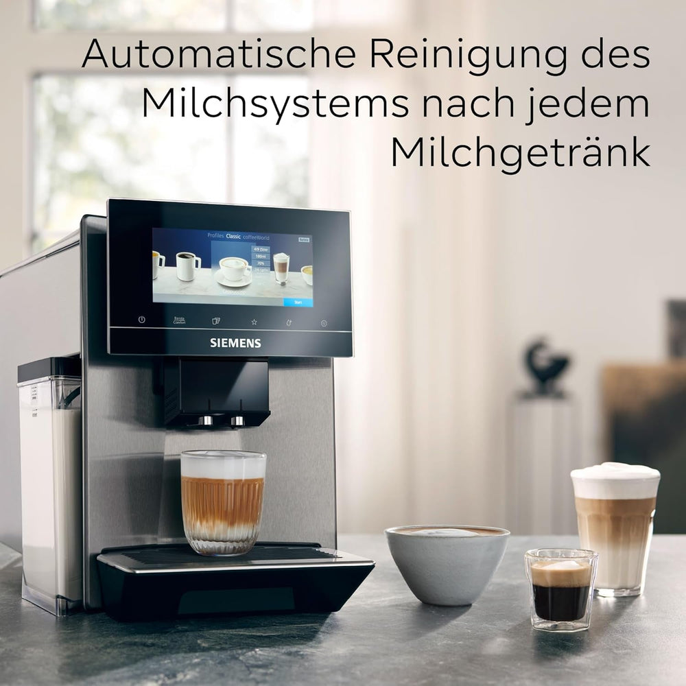 Espressor automat Siemens EQ900 TQ903D03, control prin aplicație, afișaj tactil intuitiv, mod barista, AromaBoost, reducere a zgomotului, râșniță premium, curățare automată cu abur, 1500 W, oțel inoxidabil