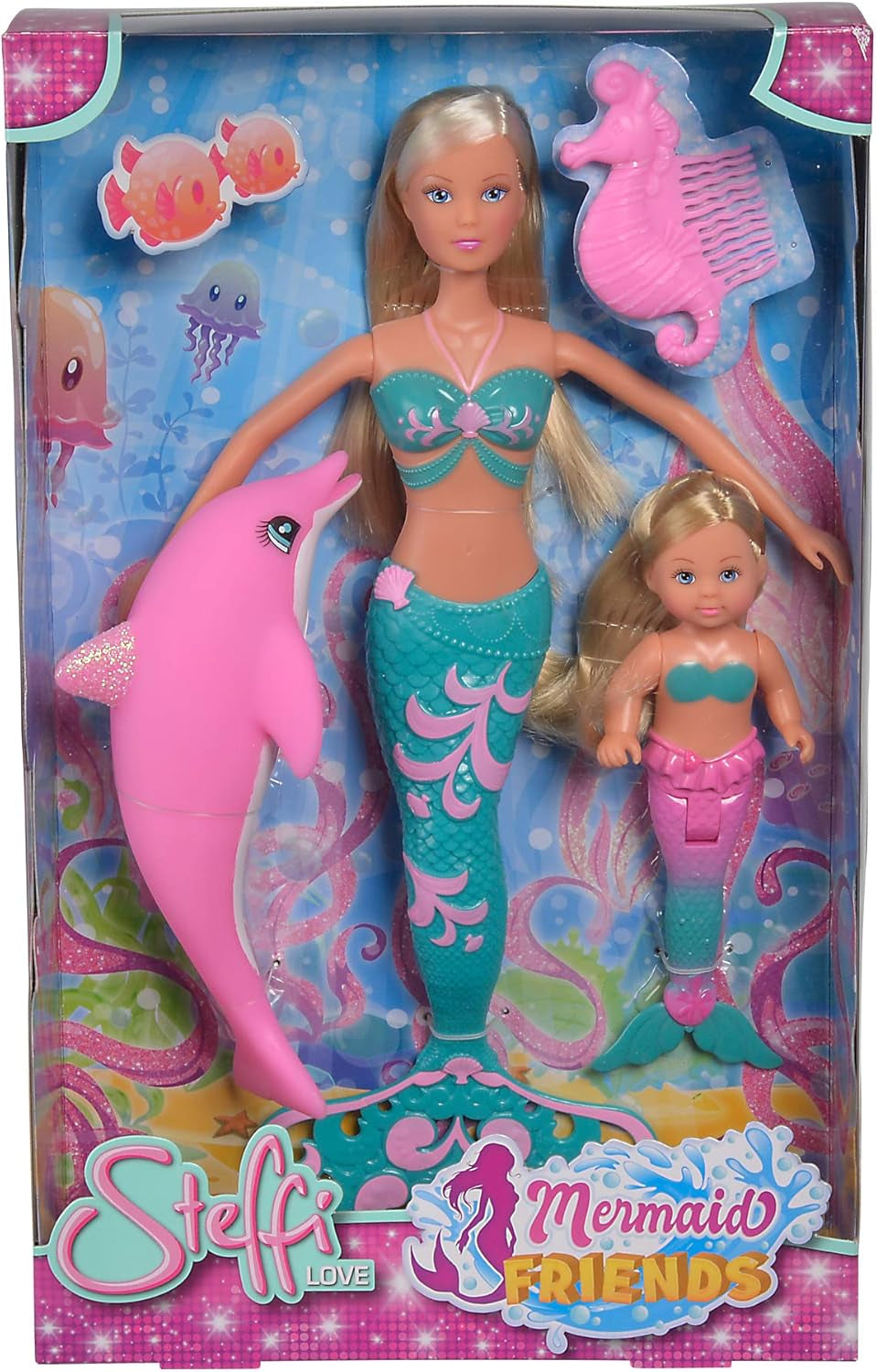 Simba 105733336 - Steffi Love Prietenii Sirenei, păpușă ca o sirenă magică cu sora Evi, figurină delfin și multe altele, jucărie pentru copii cu vârsta de 3 ani și peste