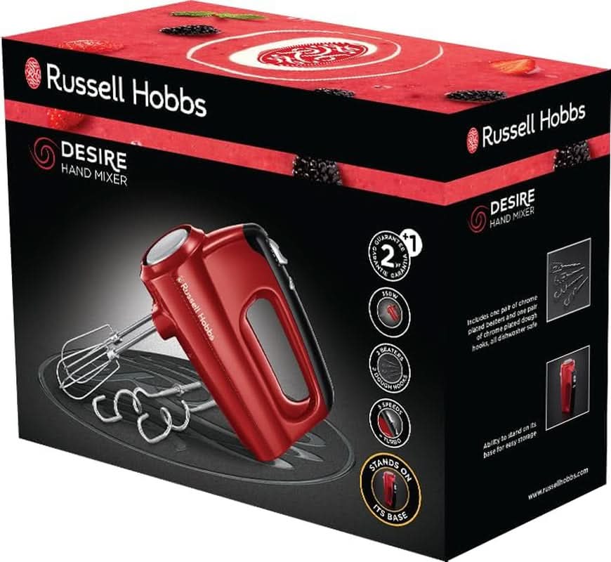 Russell Hobbs Håndmixer [Handrührgerät] Desire Rot (5 Geschwindigkeitsstufen+Turbofunktion, 2 Spülmaschinengeeignete Rührbesen & Knethaken, Auswurftaste, Aufrechte Parkposition) Håndrührer 24670-56 Kitchen Naty Shop