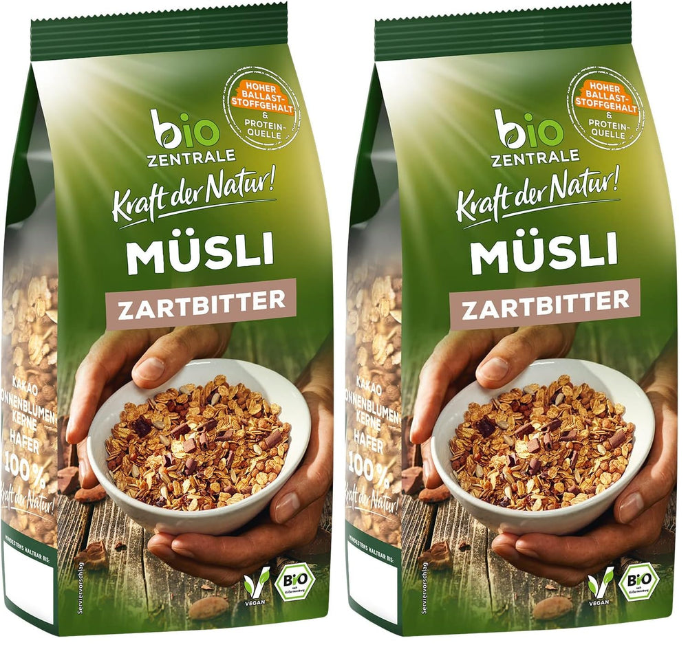 Biocentral müsli med mørk chokolade | 500 g økologisk vegansk | Ideel til morgenmad og din kop takeaway müsli | Alternativ til müslibarer