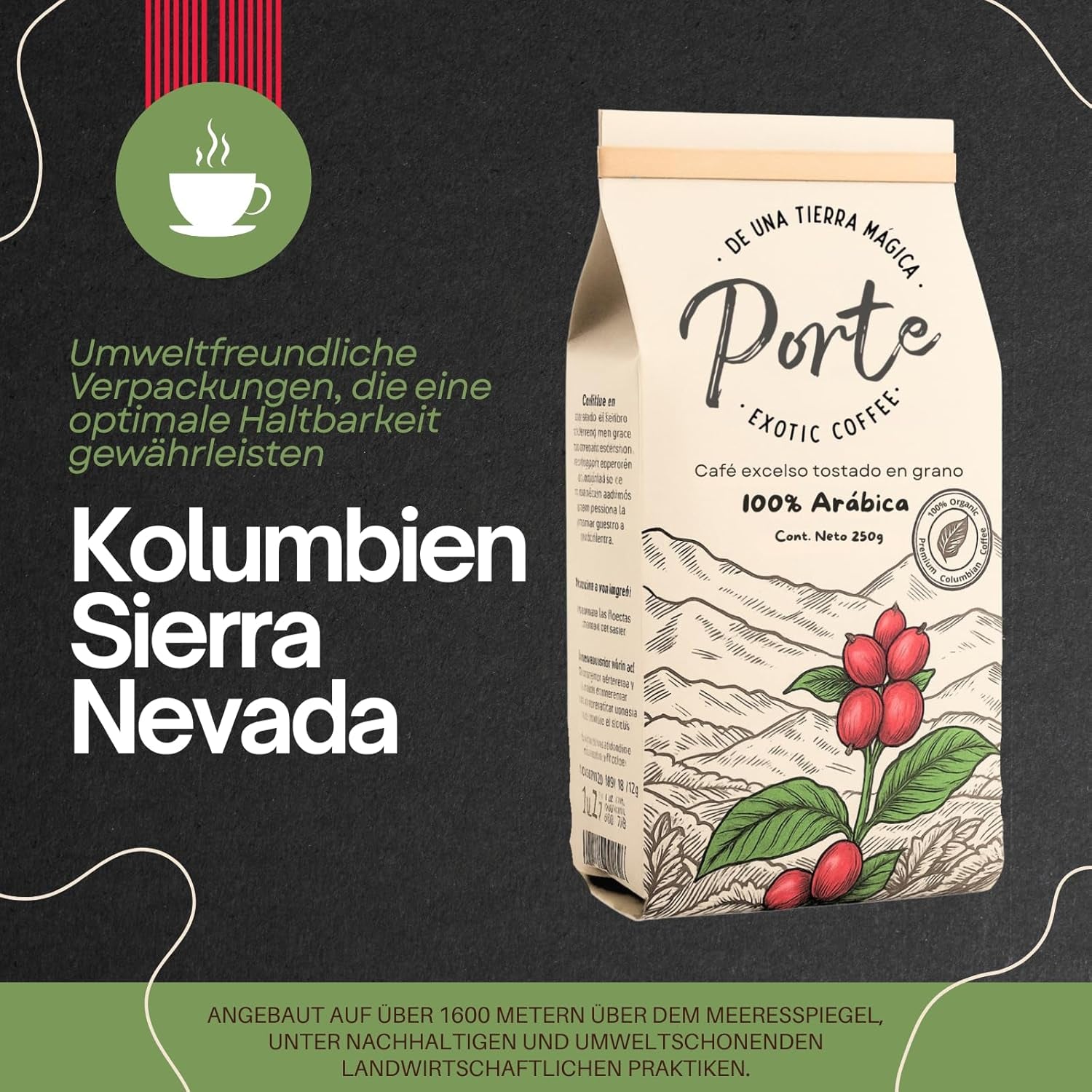 Spezialitätenkaffee Bohnen 100% Arabica Natural Mittlere Röstung Gewaschener Prozess Zitrus Schokolade Karamell Schattenanbau Sierra Nevada (250 g, Castillo)