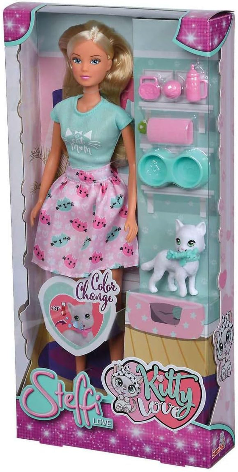Simba 105733489 - Steffi Love Kitty Love, Puppe i et modificeret outfit med süsser Katze med Essen um Mund, med viel Zubehör