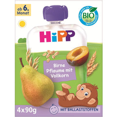 HiPP Økologiske pære- og blommeposer, fuldkorn, 16 stykker (4 pakker á 4 x 90 g hver), til babyer fra 6 måneder, uden tilsat sukker, vegansk, bedste økologiske kvalitet