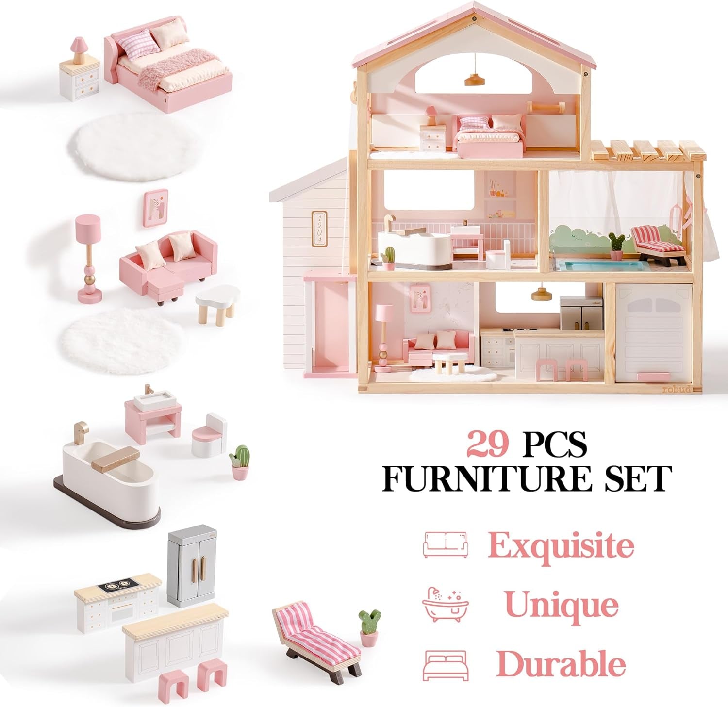 ROBUD Casă de păpuși din lemn, vilă de păpuși cu mobilier, cu lift, garaj, pavilion și piscină, cadou pentru copii de 3, 4, 5, 6 ani și mai mari, roz Casute de papusi Naty Shop