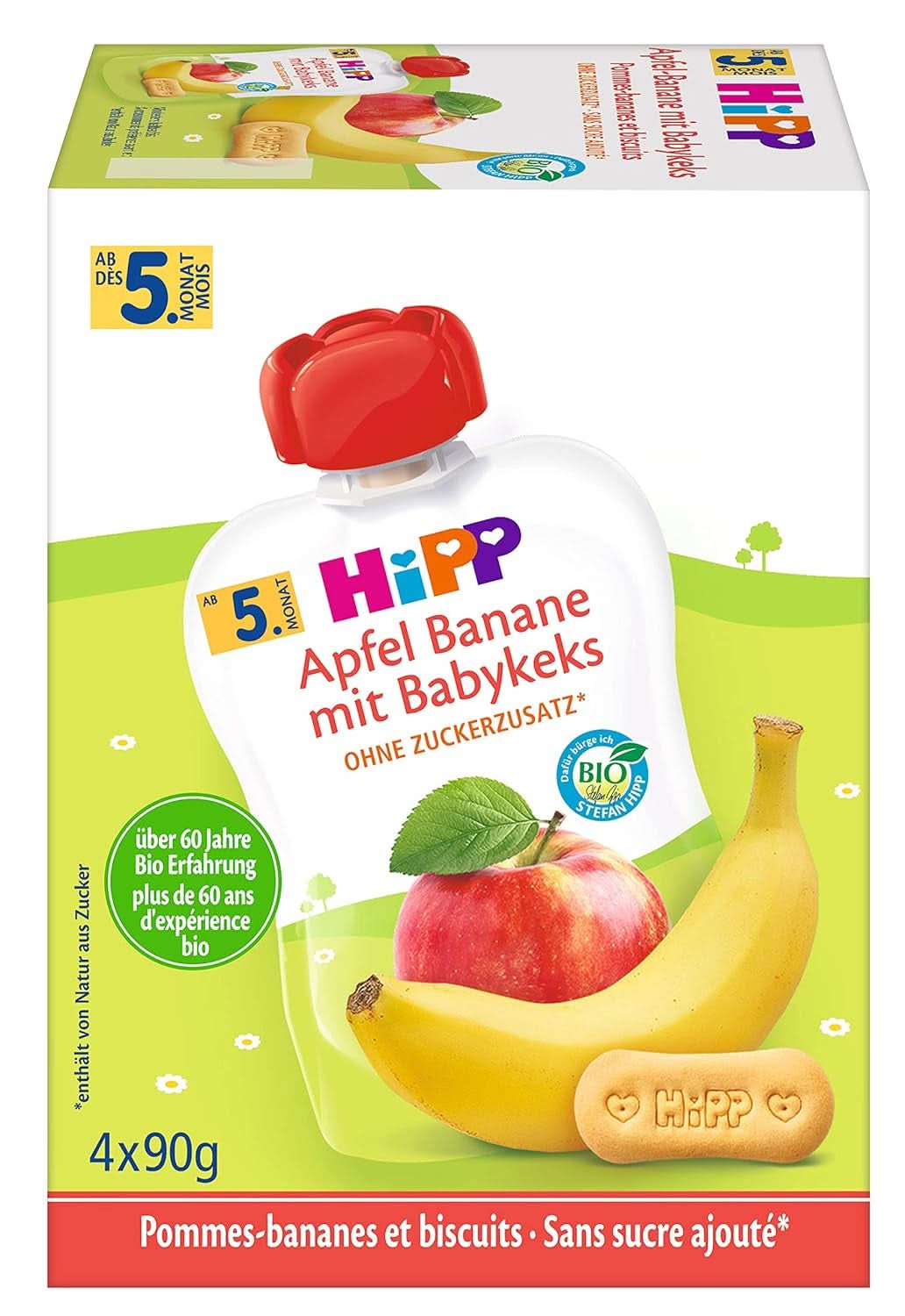 Hipp-presseposer til babyer, frugtgrød, mangoferskner i banan med havre, 100 % økologisk frugt uden tilsat sukker, 4 x 4 poser med 90 g Mother and Child Naty Shop 4 x 4 poser á 90 g Banan med æbler og kiks til børn