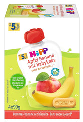 Hipp-presseposer til babyer, frugtgrød, mangoferskner i banan med havre, 100 % økologisk frugt uden tilsat sukker, 4 x 4 poser med 90 g Mother and Child Naty Shop 4 x 4 poser á 90 g Banan med æbler og kiks til børn