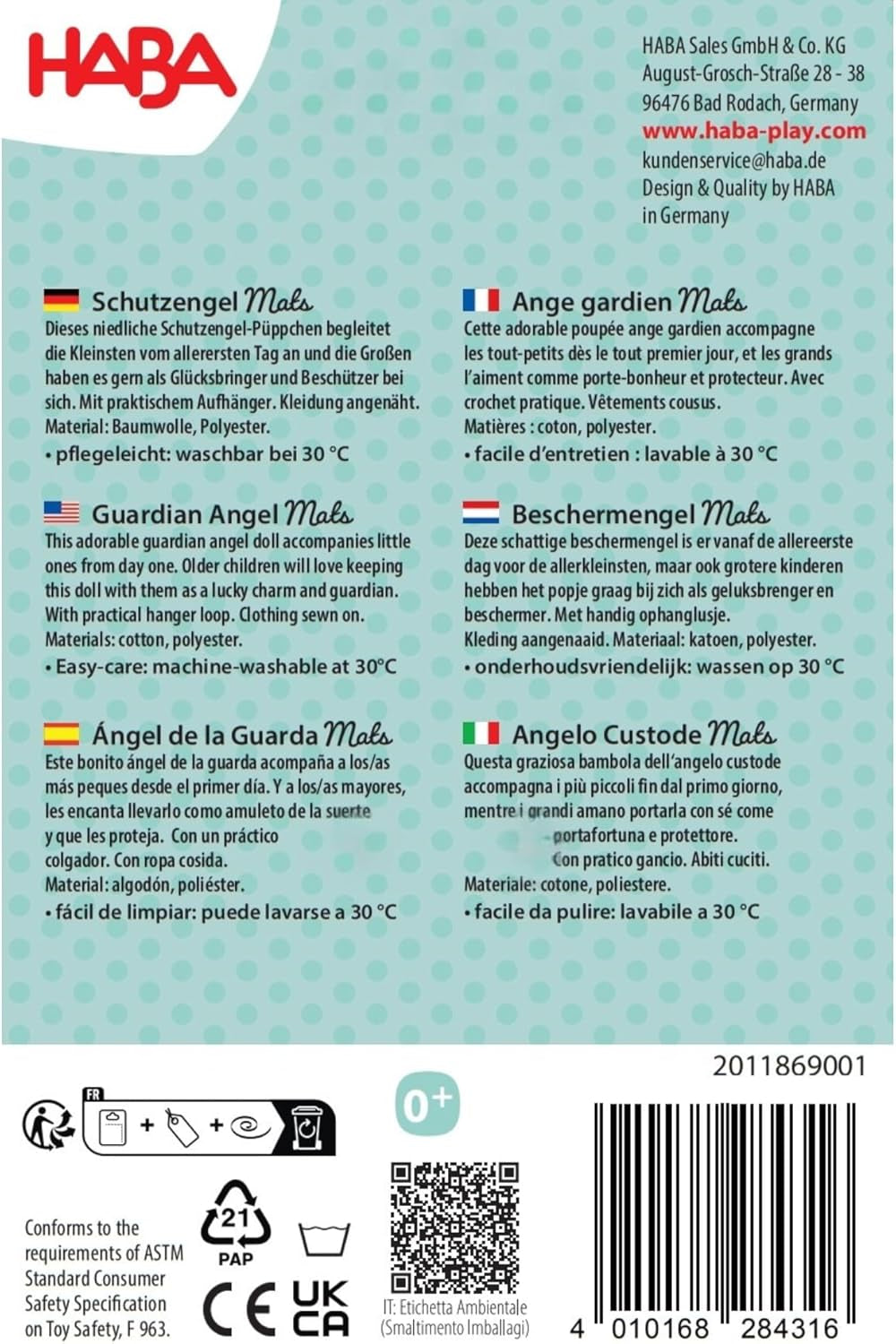 HABA Guardian Angel Mats - Dukke i plys stof (15 cm), ideel velkomstgave til babyer og småbørn - vaskbar ved 30°C - 2011869001 Dolls Naty Shop