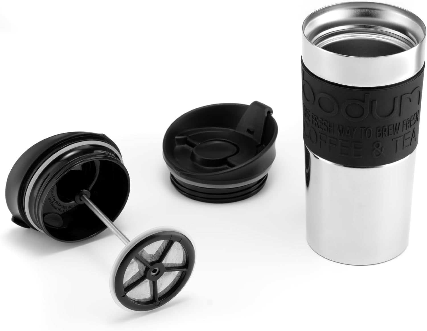 Cafetieră Bodum K11067-01 Travel Press din oțel inoxidabil, neagră, cu capac de schimb, 350 ml