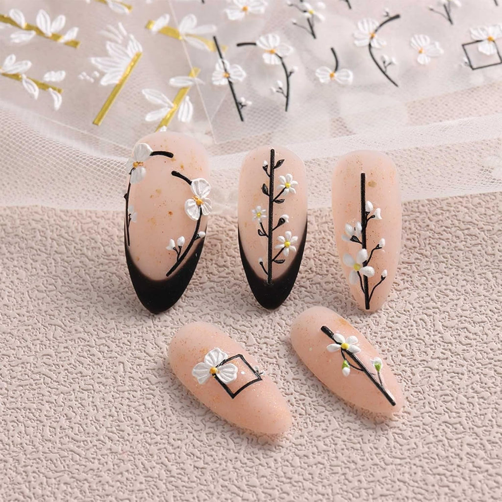 JMEOWIO 3D Nagelsticker Frühling Blume Nail Art Sticker Selbstklebend Nagelaufkleber 5D Stereoskopisch Buntes Sommer Blumen Dekoration Nageldesign Zubehör 4 Blatt