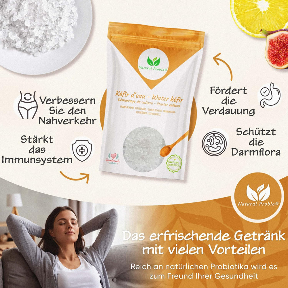 Natural Probio® Wasserkefir, Kefirpilz, Japankristalle, Kefirknollen, Starter Set + Anleitung, Rezept, Tipps, E-Book & Rezeptbibliothek + Kundenservice auf Lebenszeit (10g dehydreret/60g rehydreret)