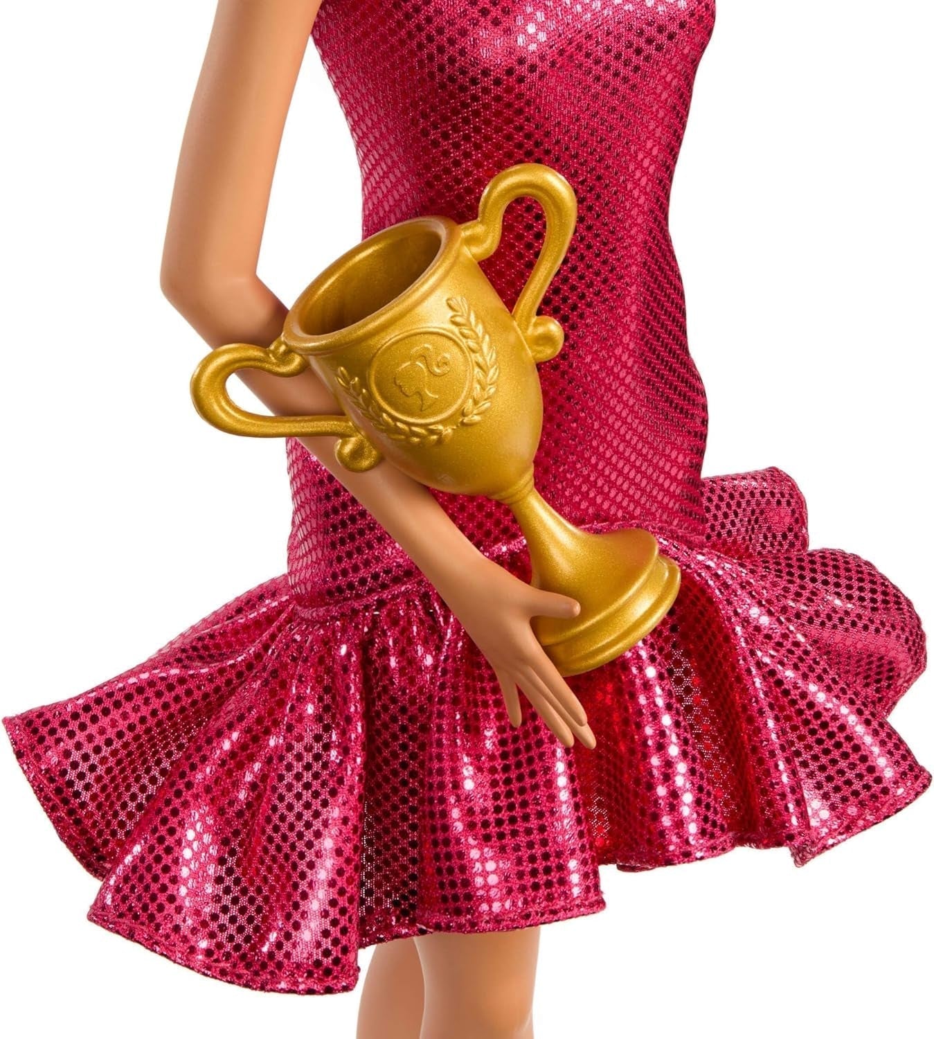Papusa Barbie dansatoare de moda cu rochie rosie cu volane, pantofi de dans, par castaniu si accesorii trofeu de dans, JFR09 Papusi Naty Shop