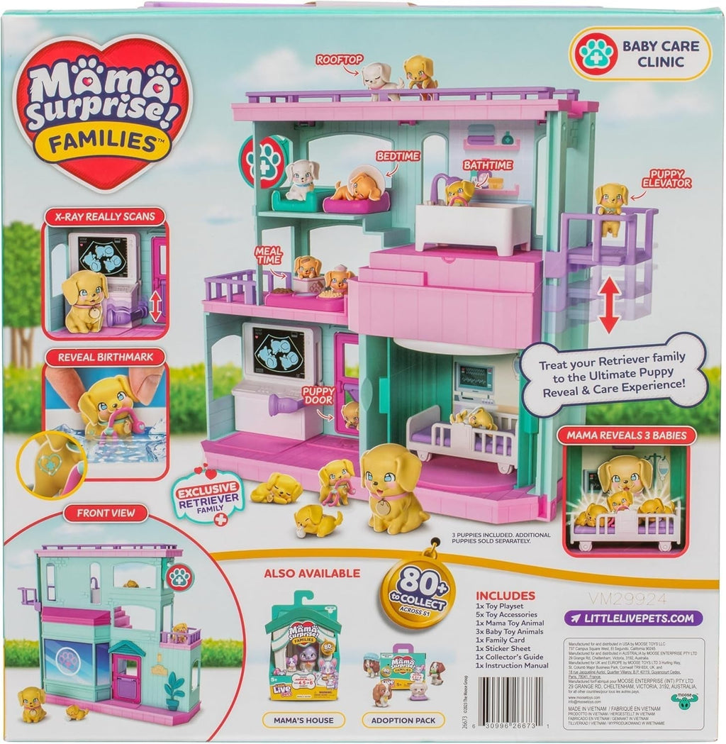 Little Live Pets Mama Surprise Families Baby Clinic Playset, 3 cățeluși Retriever incluși, Magic, Playset cu două fețe (27,8 cm lățime, 23,8 cm înălțime). Hrănire, îmbăiere și joacă, cadou pentru copii Action figures Naty Shop