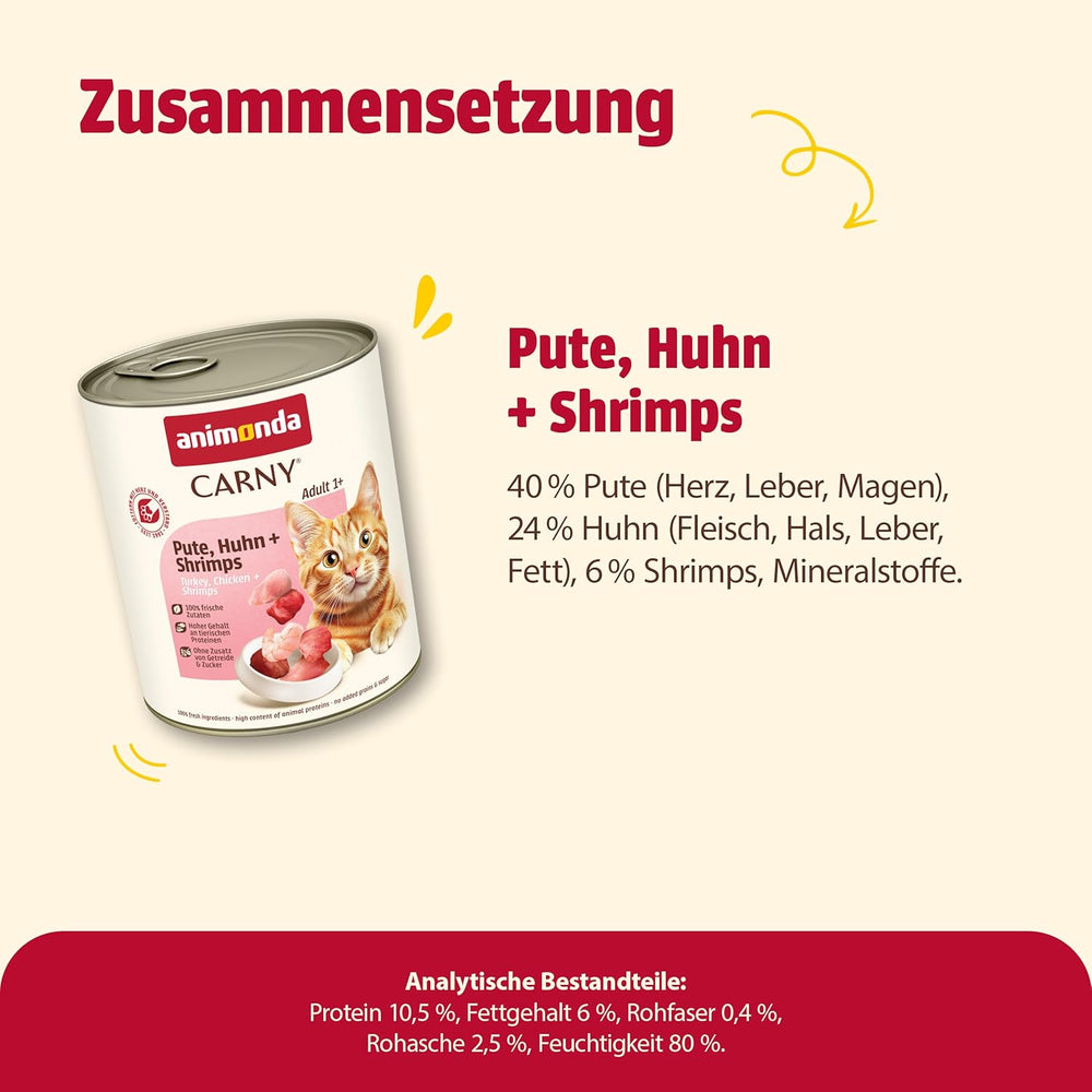 Animonda Carny hrană umedă pentru pisici curcan + pui + creveți (6 x 800g), hrană umedă fără cereale, fără zahăr, cu ingrediente proaspete din carne