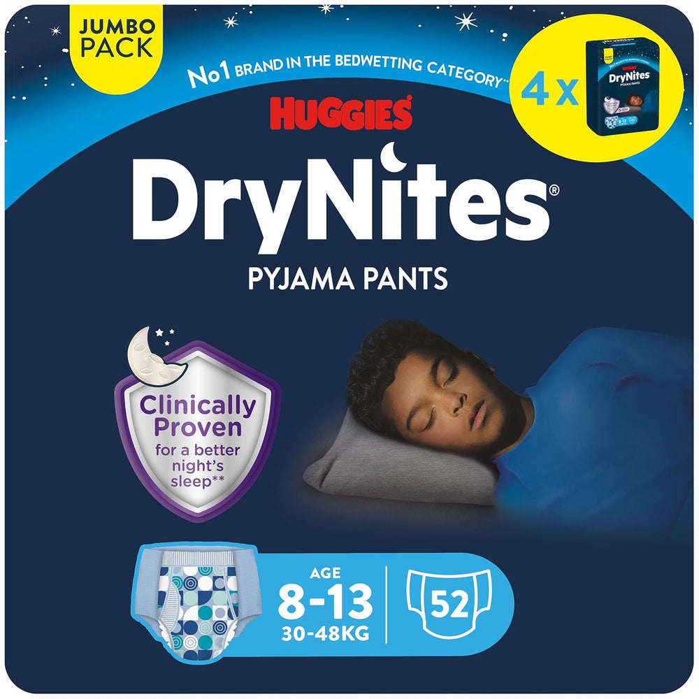 Huggies DryNites Super Absorberende Natbefugtningsbleer til drenge 8-13 år (30-48 kg) 27 Count (3 x 9 Count) Trussebleer