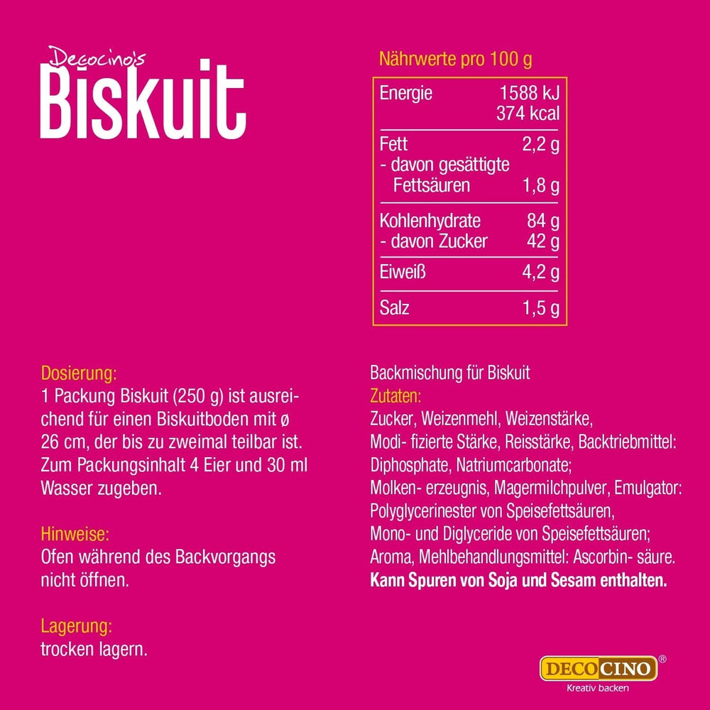 DECOCINO Biscuit Backmischung (250 G) – Einfache Zubereitung – Gelingsicher – Zum Backen Von Luftigen Biskuitböden, Creme-Torten, Biskuitrollen Uvm. Naty butik
