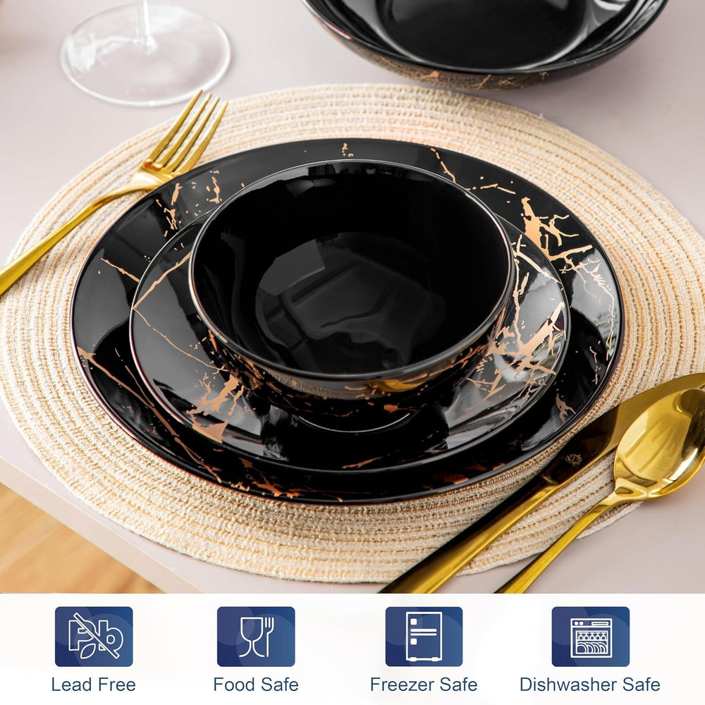 Set de veselă din porțelan LOVECASA, seria Daphne, set combinat SWEET cu 24 de piese, set de veselă cu design auriu, farfurii de cină, farfurii de desert, boluri pentru cereale și farfurii de sumă pentru 6 persoane