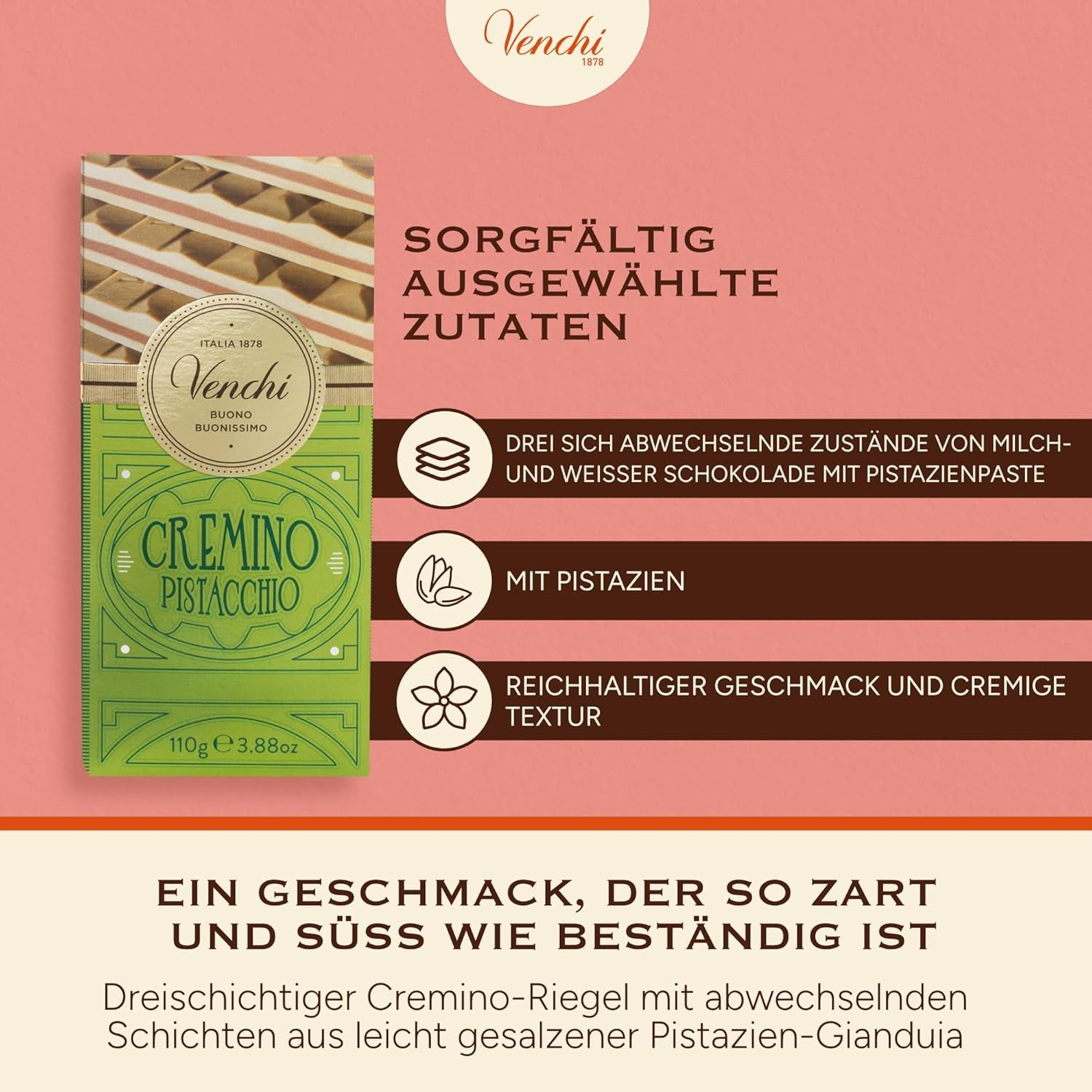 Venchi - Cremino Pistachio Bar, 110g, mælk og hvid chokoladebar med pistaciepasta, tre-lags opskrift med middelhavssmag, glutenfri, ingen kunstige farver