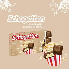 Schogetten popcorn 1 chokoladebar x 100g, mælkechokolade med popcorn og majsstykker, praktiske enkeltstykker. En delikatesse. Stykke for stykke.