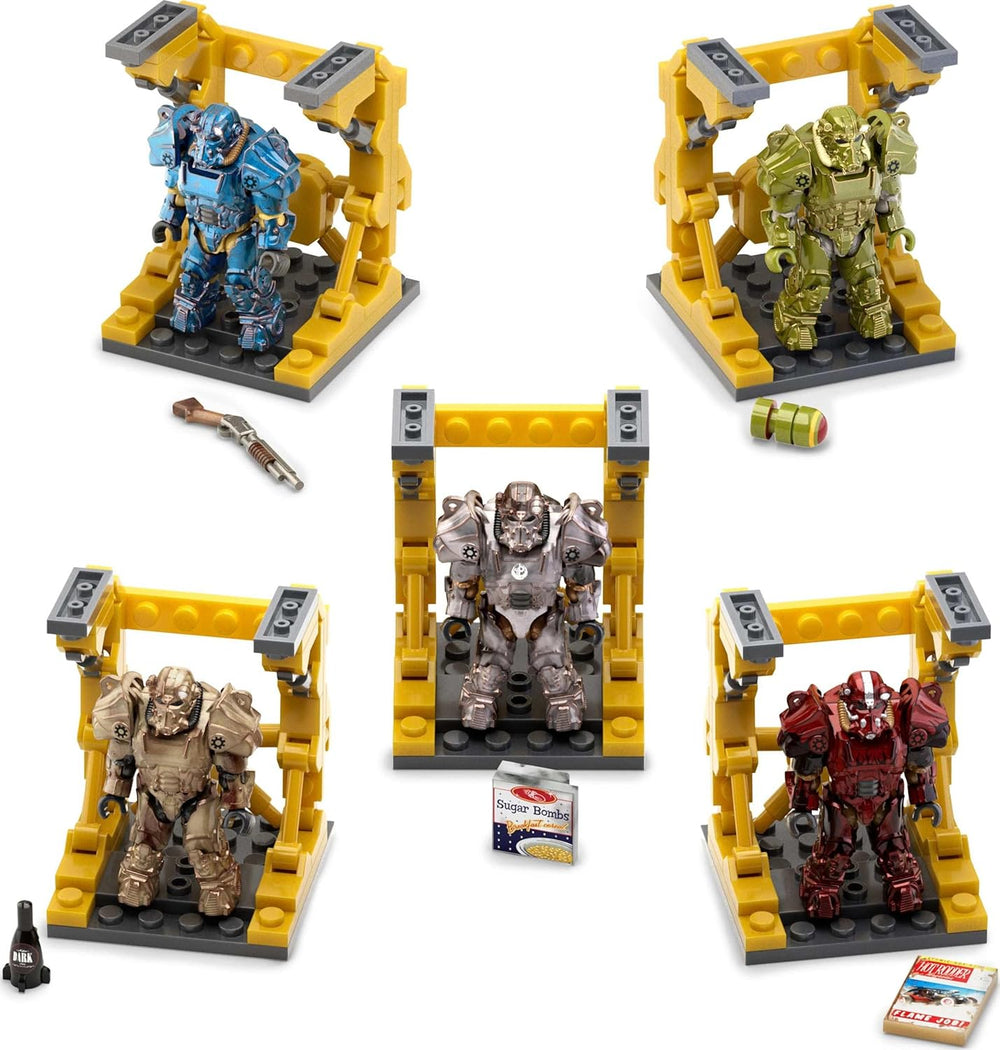MEGA Fallout Action Figure Bauspielzeug, T-60 Power Armour Collection med 327 stk., 5 Mikro-Action-figurer og tilbehør, for Sammler