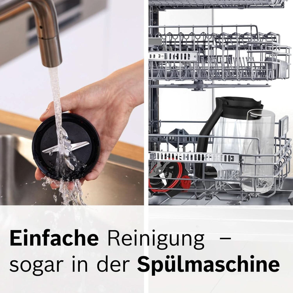 Bosch Standmixer Vitapower Serie 4 MMB6174SN, Verbesserte Version, Hochwertige Edelstahl-Klingen, 1,5L Glasbeholder, 0,6L To-Go-Flasche, Spülmaschinenfeste Teile, 30.000 U/Min, 1200 W, Sølvkøkken Naty Shop