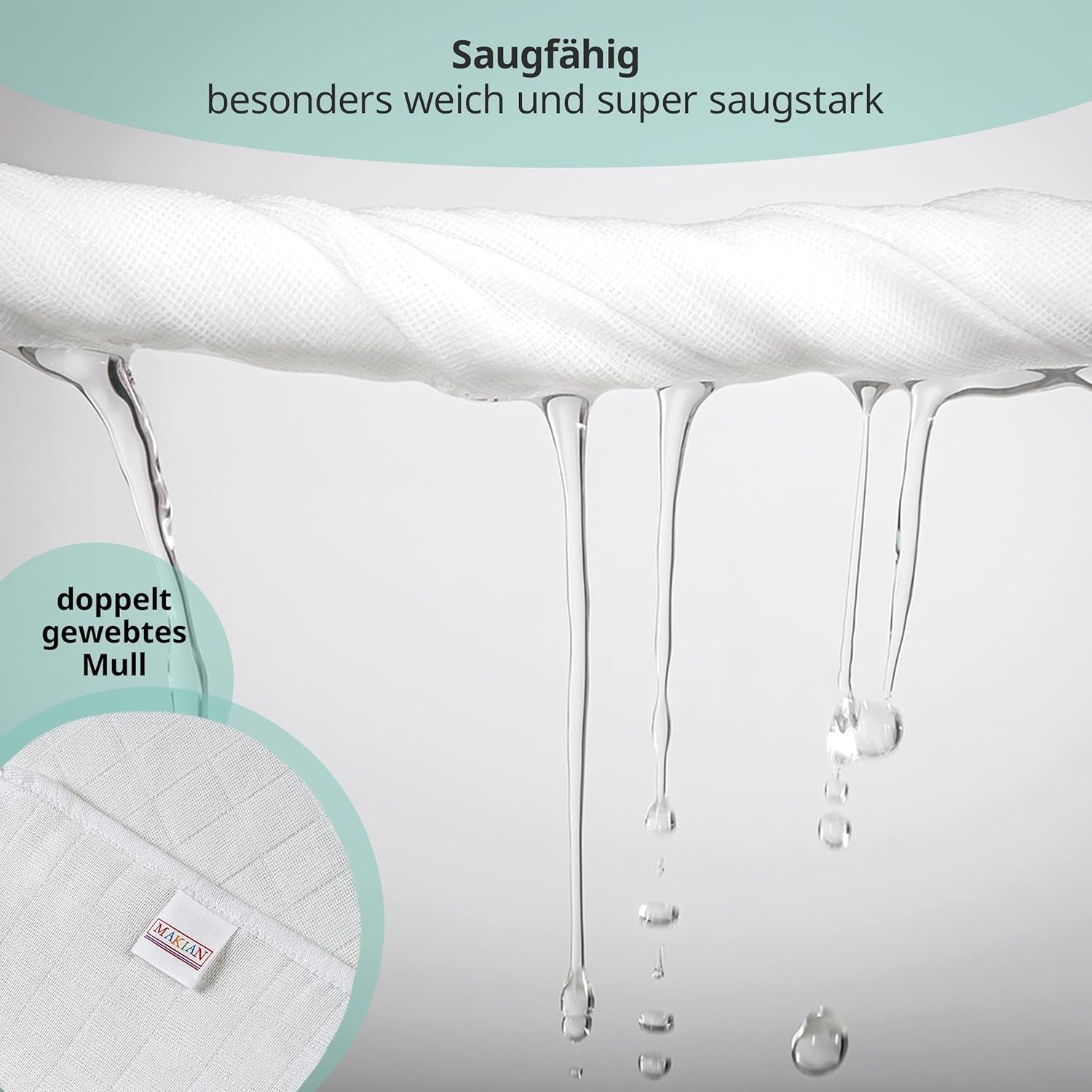 MAKIAN Muslin Squares, Pakke med 10, 80x80 cm, Oeko-TEX® Standard 100 Certified, 10 Premium Burp Cloths - Dobbeltvævede Stof Firkanter / Muslin Squares, Kog resistent - Hvid