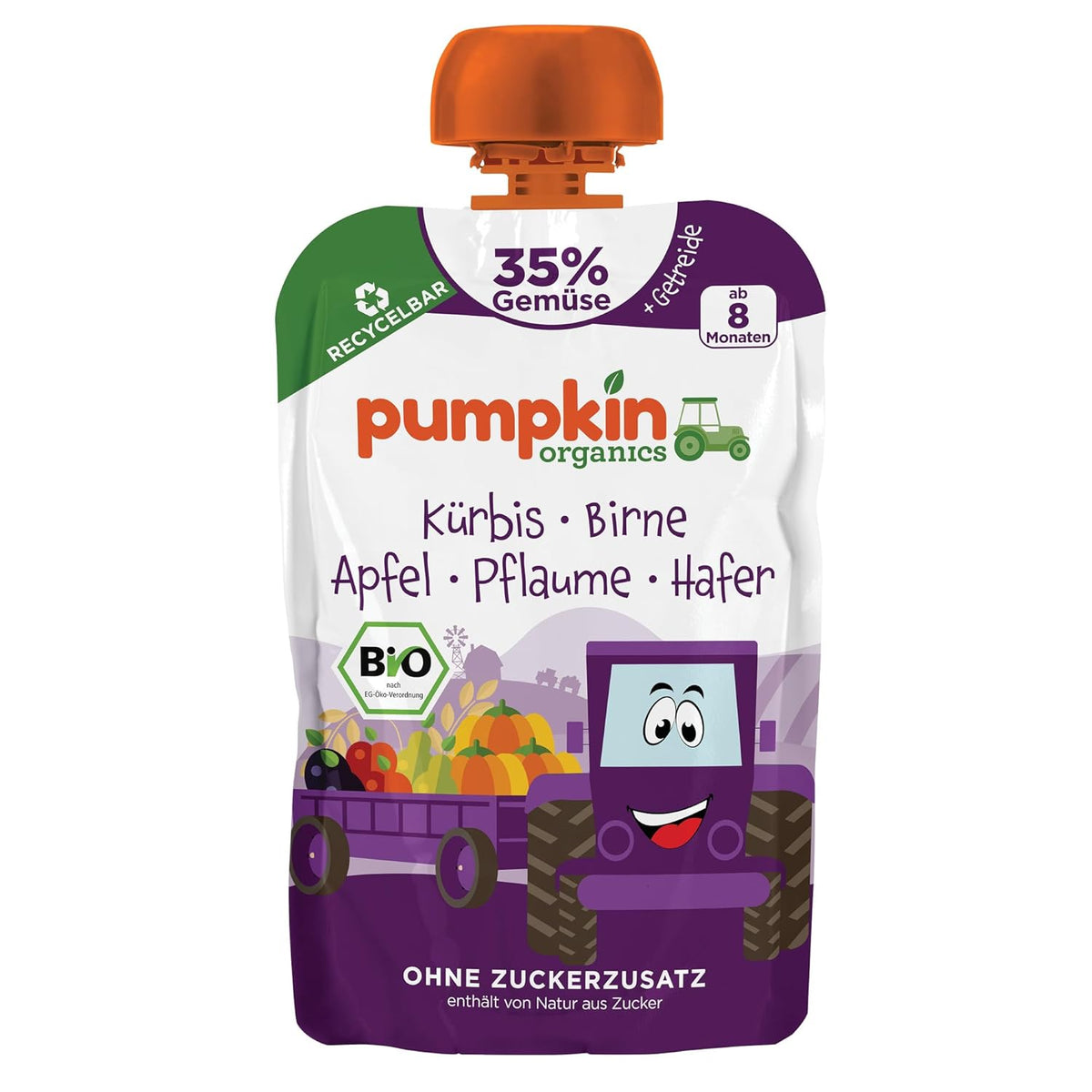 Pumpkin Organics Bio Gemüse-Getreide-Quetschie Kürbis, Birne, Apfel, Pflaume, Hafer ohne Zuckerzusatz¹ - ab 8 Monaten - as Snack eller Beikost für unterwegs (100g)