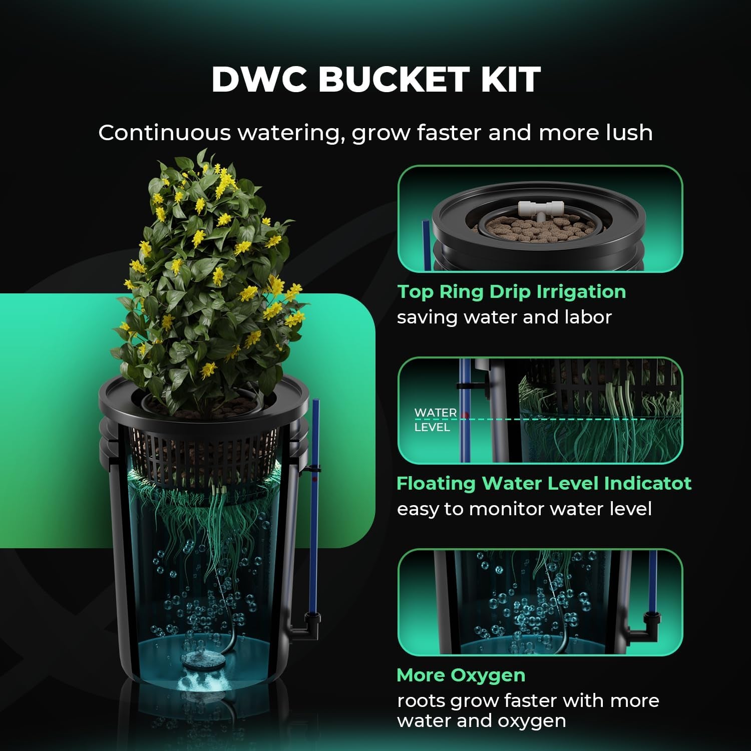 Mars Hydro DWC Hydroponic Grow System, 5 gallon Deep Water Grow, 8W luftpumpe, multifunktionsluftslange, luftsten, 2 spande og dryppottesæt