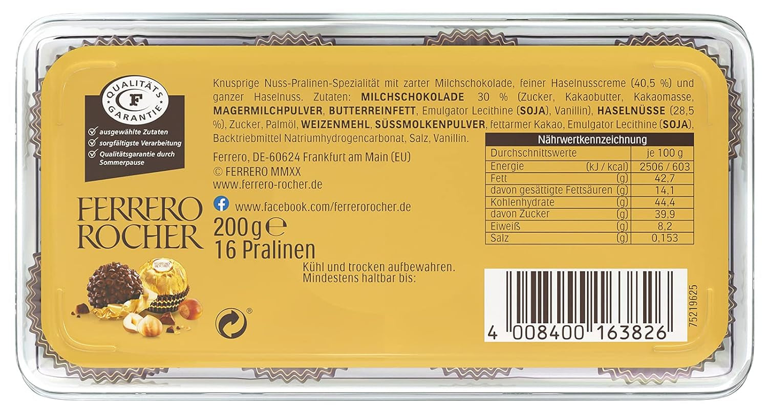 Ferrero Rocher - Crunchy and Creamy Walnut Praline Specialty - 5 pakker med hver 16 individuelle praliner