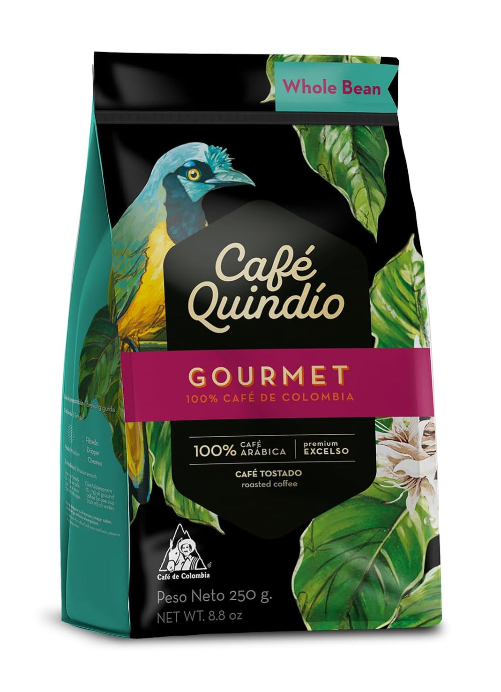 Cafe Quindio Gourmet - Cafea Specială - Boabe de Cafea 100% Arabica, Columbia, 250g - ideală pentru aparate portafiltru, aparate complet automate, cafea filtrată sau presă franceză