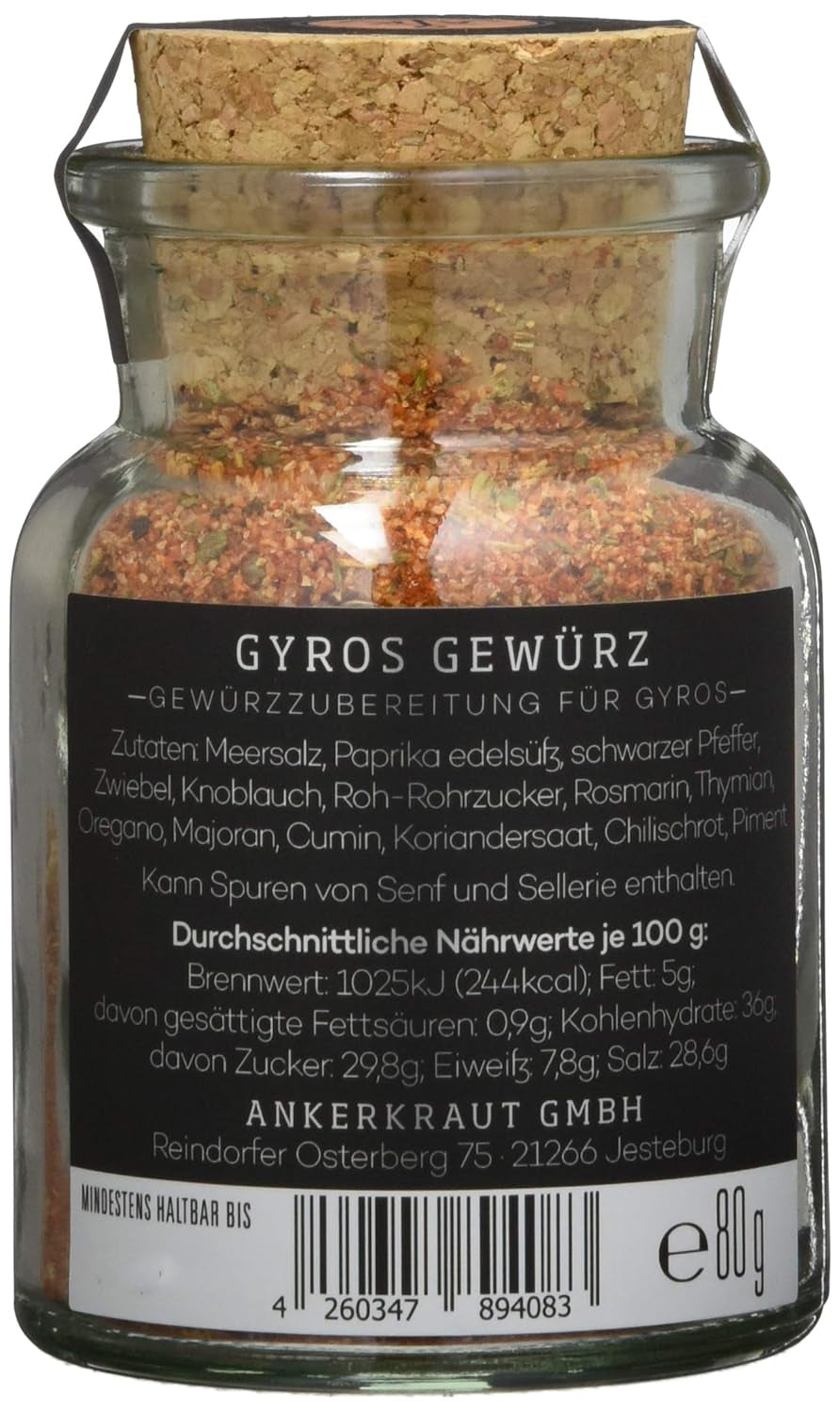 Ankerkraut Gyros, Gewürzmischung für Gyros, egal ob aus der Pfanne oder vom Grill, mit Zwiebel, Knoblauch, Merian, Spidskommen, Piment og mehr, 80 g im Korkenglas