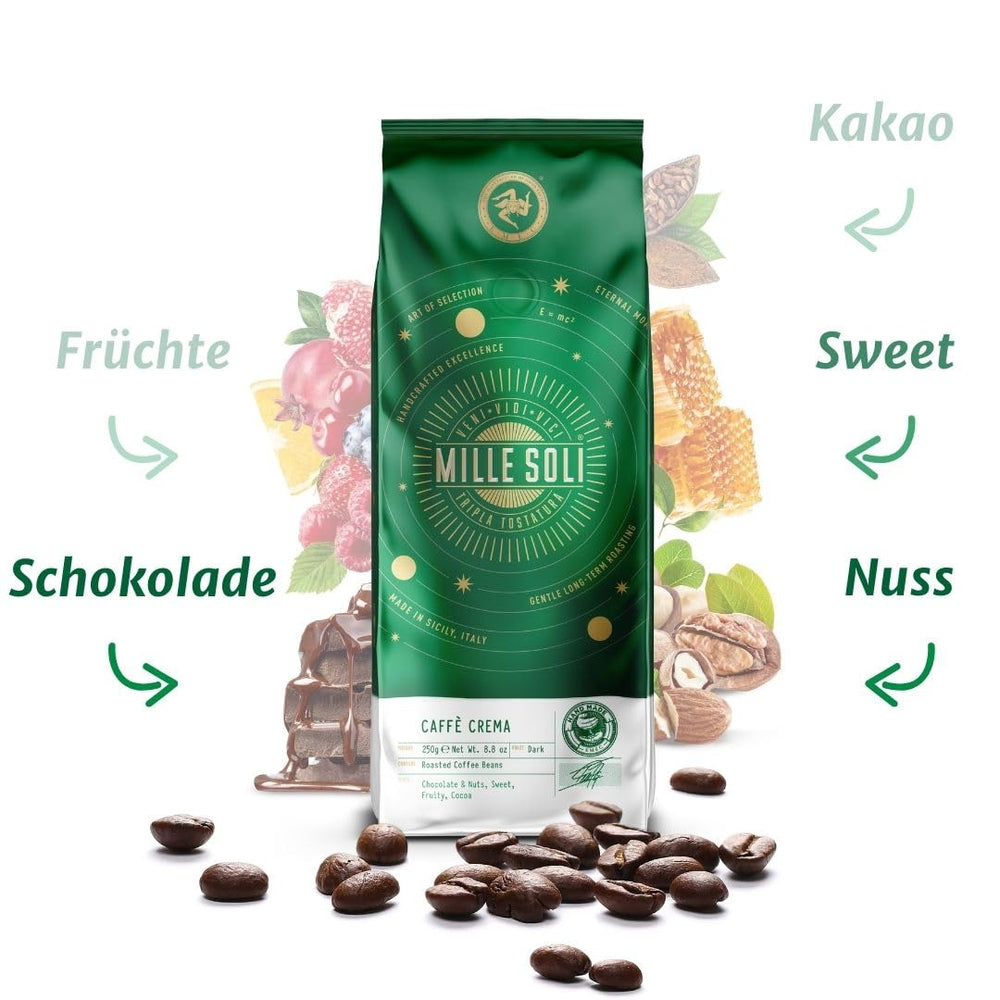 Caffè Crema - Boabe de cafea prăjite în Sicilia - Proces tradițional de prăjire îndelungată cu cremă perfectă, pungă de 250 g, aciditate deosebit de scăzută pentru aparate complet automate și portafiltru