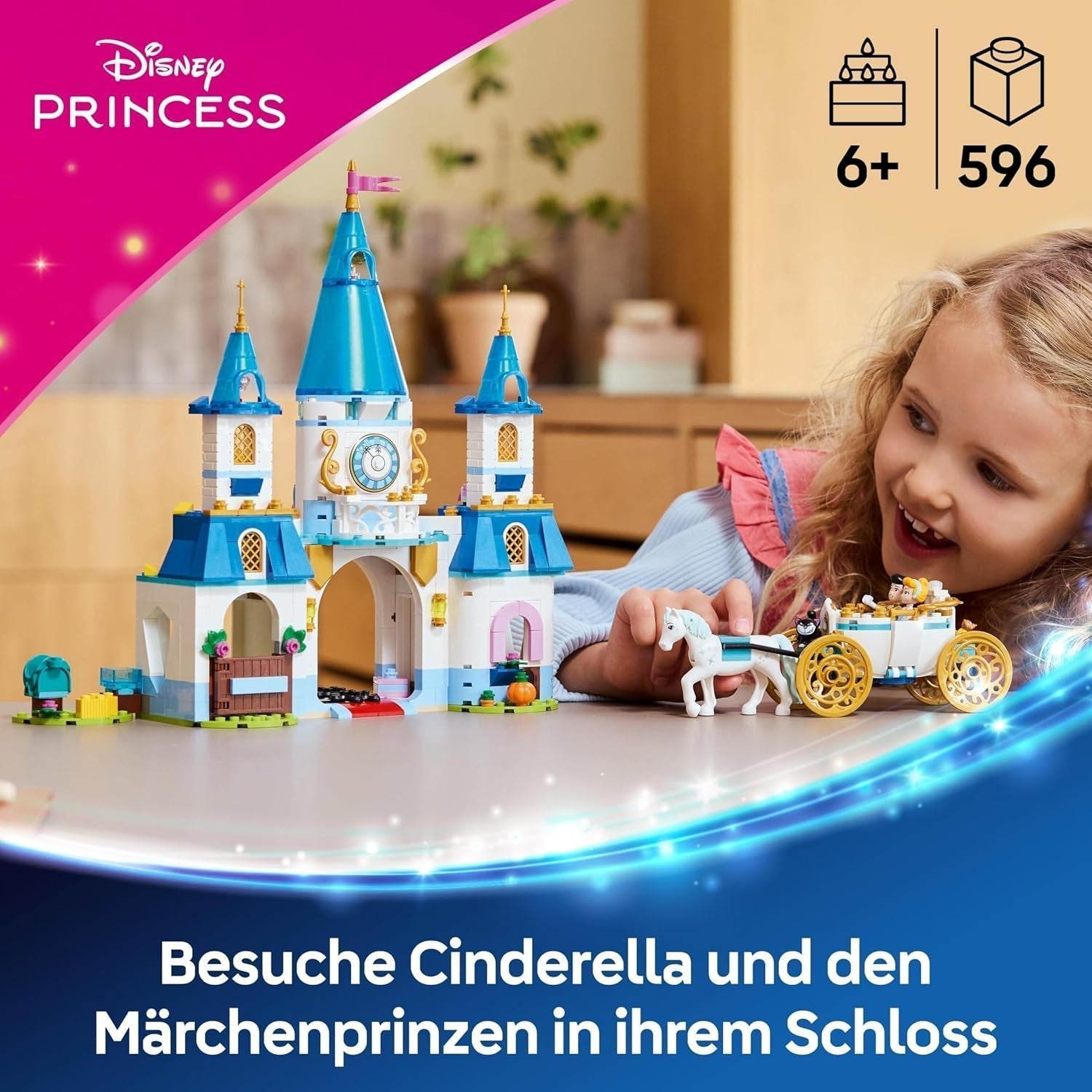 LEGO Ç€ Disney Princess Castle Askepot og Hestevogn, Sæt til piger fra 6 år og opefter, Fantastisk Legetøj med Prinsesse Askepot og Prins Charmerende Minidukker, Gaveidé til Disney Fans 43275 Byggesæt Beuche den LEGO-Store