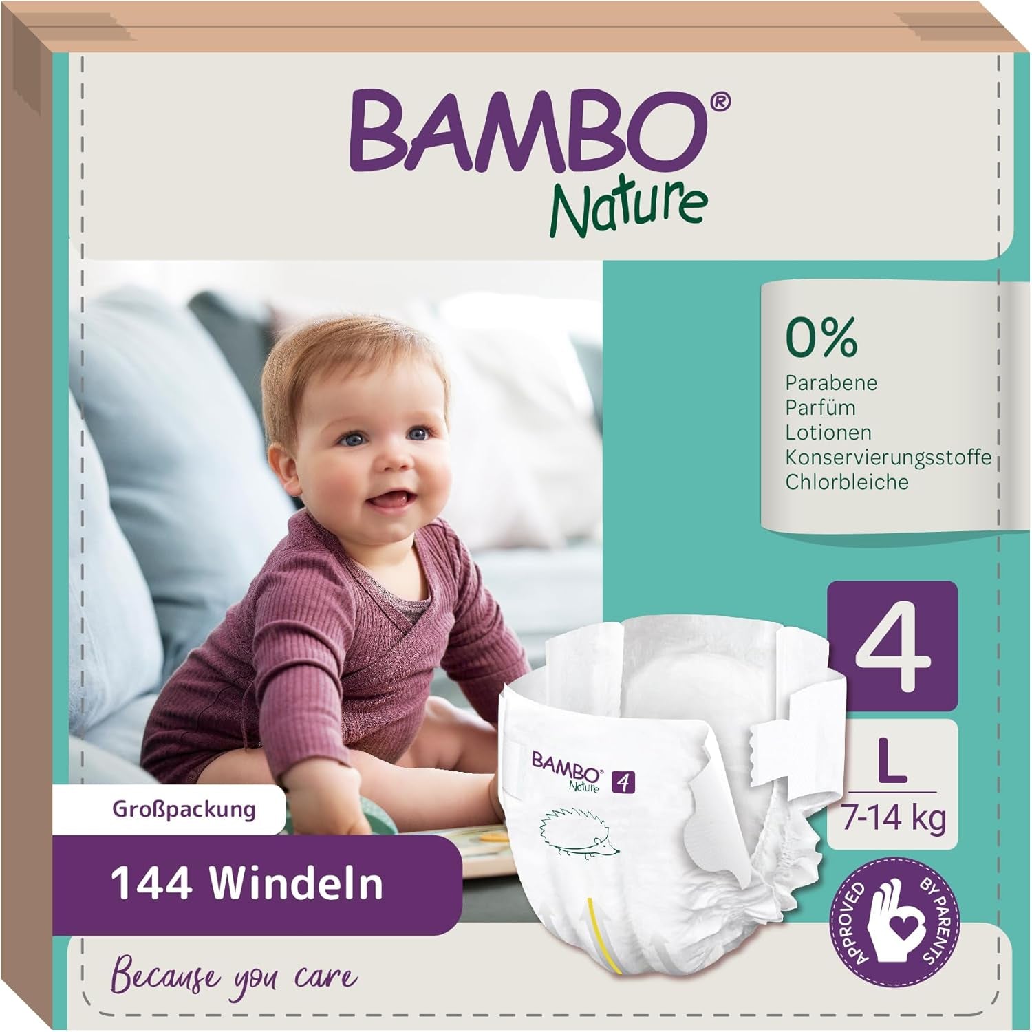 Bambo Naturbleer til babyer, str. 4 (7-14 kg), 144 stk, Månedsæske | Premium bleer med forbedret lækagebeskyttelse | Ultimativ komfort og frihed for aktive børn | Dermatologisk testede bleer