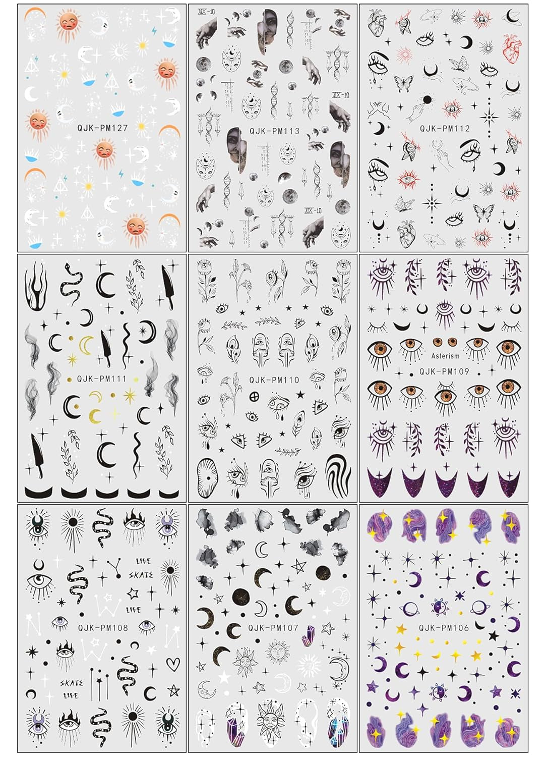 Jmeowio Nagelsticker Mond Stern Sonne 9 Blatt Nail Art Sticker Selbstklebend Nagelaufkleber Bunte Dekoration Nageldesign Zubehör