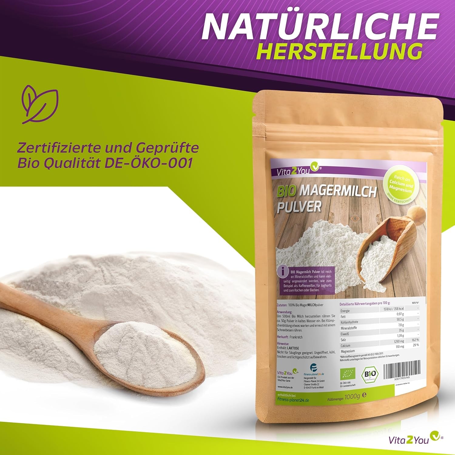 Vita2You Bio Skummetmælkspulver 1000g - 100% Bio Qualität - til bagning - Kaffeeweißer - Milchpulver für Joghurts - 1 kg - Premium Qualität